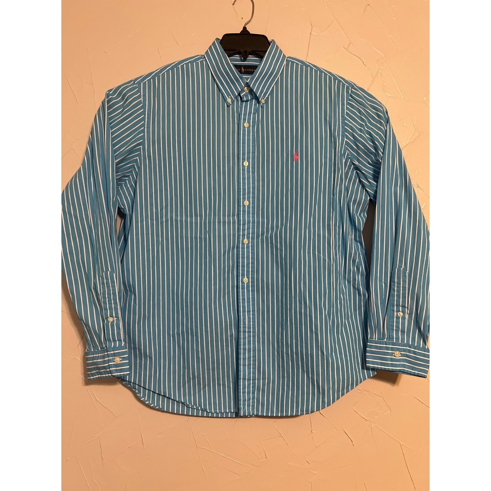Ralph Lauren Button Down Shirt Mens XL Blue White Striped Excellent Pink Pony